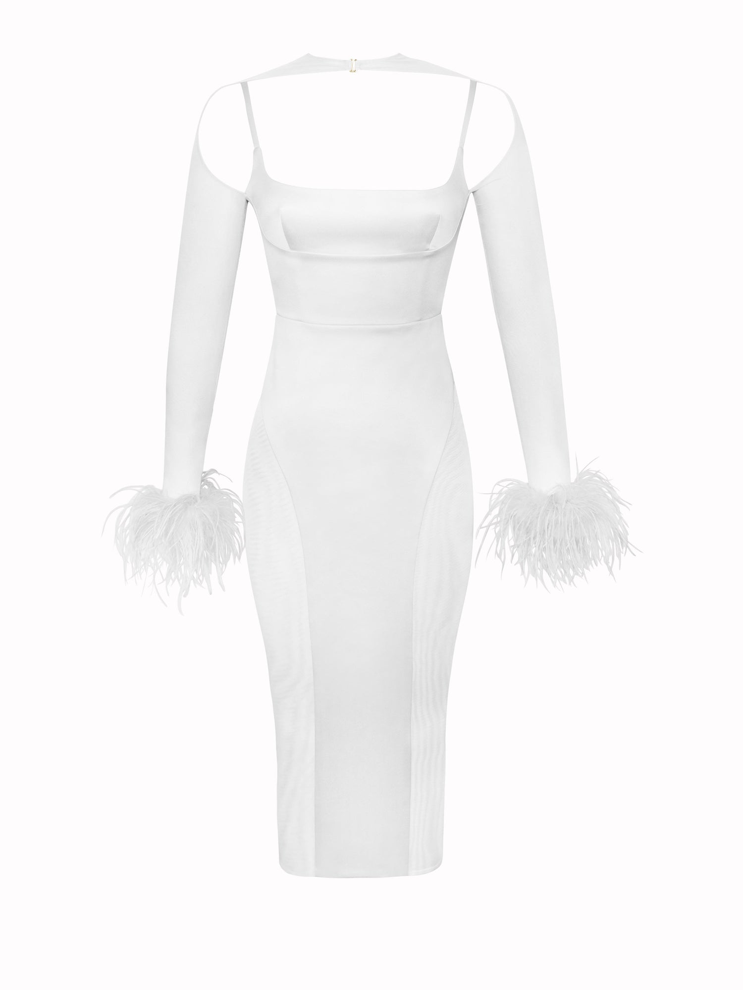 Oaklie Satin Mesh Sleeve Dress With Feathers | White