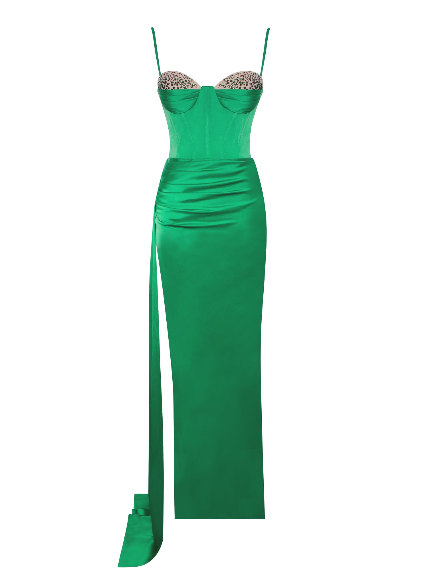 Vanity Satin High Slit Draping Corset Gown With Crystals | Green