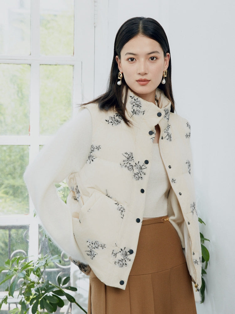 Printed Goose Down Vest | Beige
