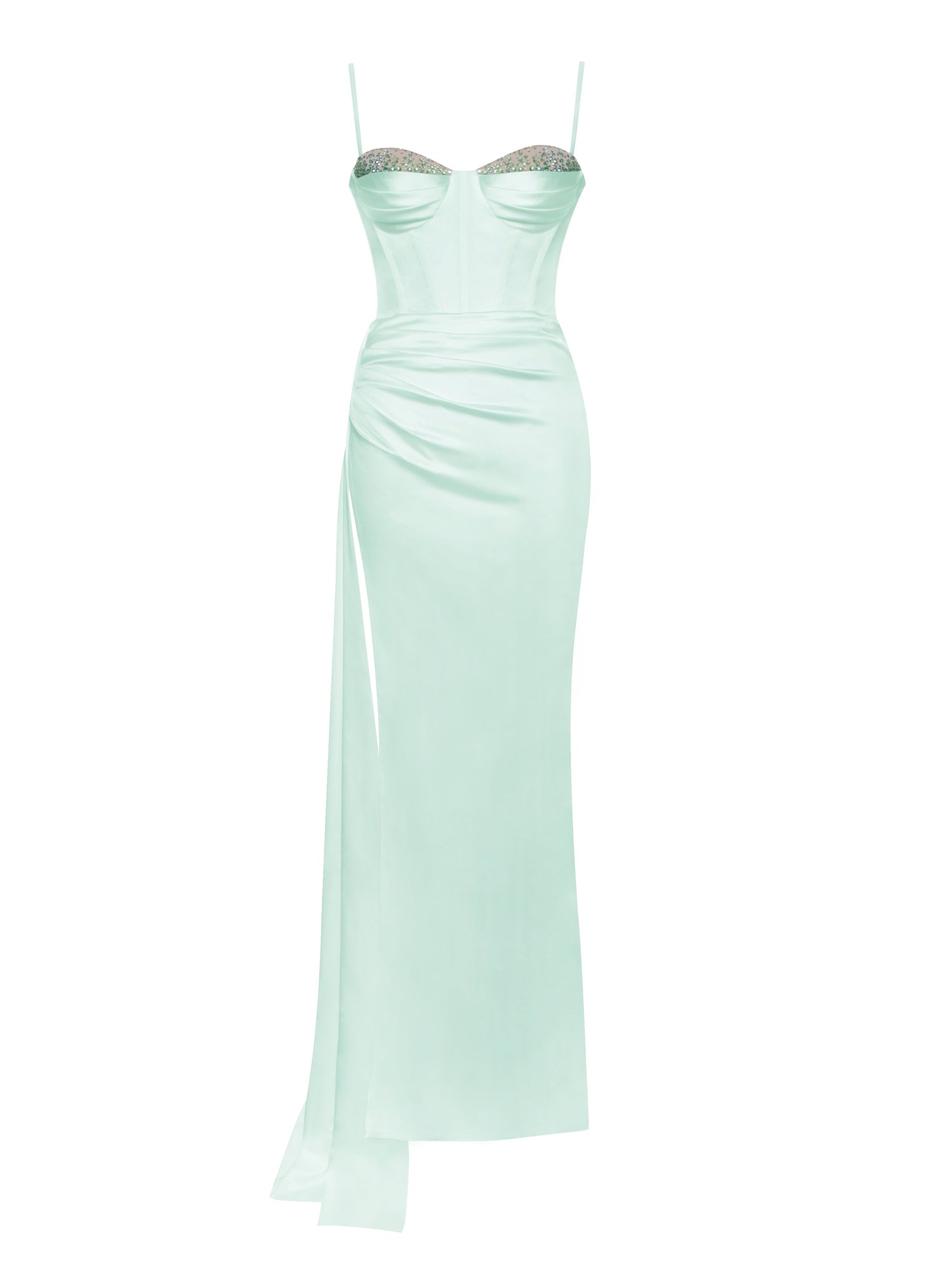 Vanity Satin High Slit Draping Corset Gown With Crystals | Mint