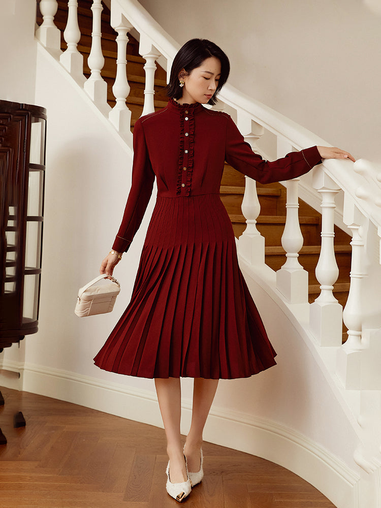 Triacetate Stand Collar Dress | Wine Red