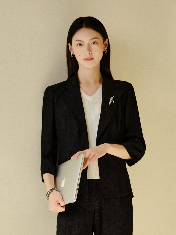 Jacquard Cinched Waist Blazer Jacket | Black