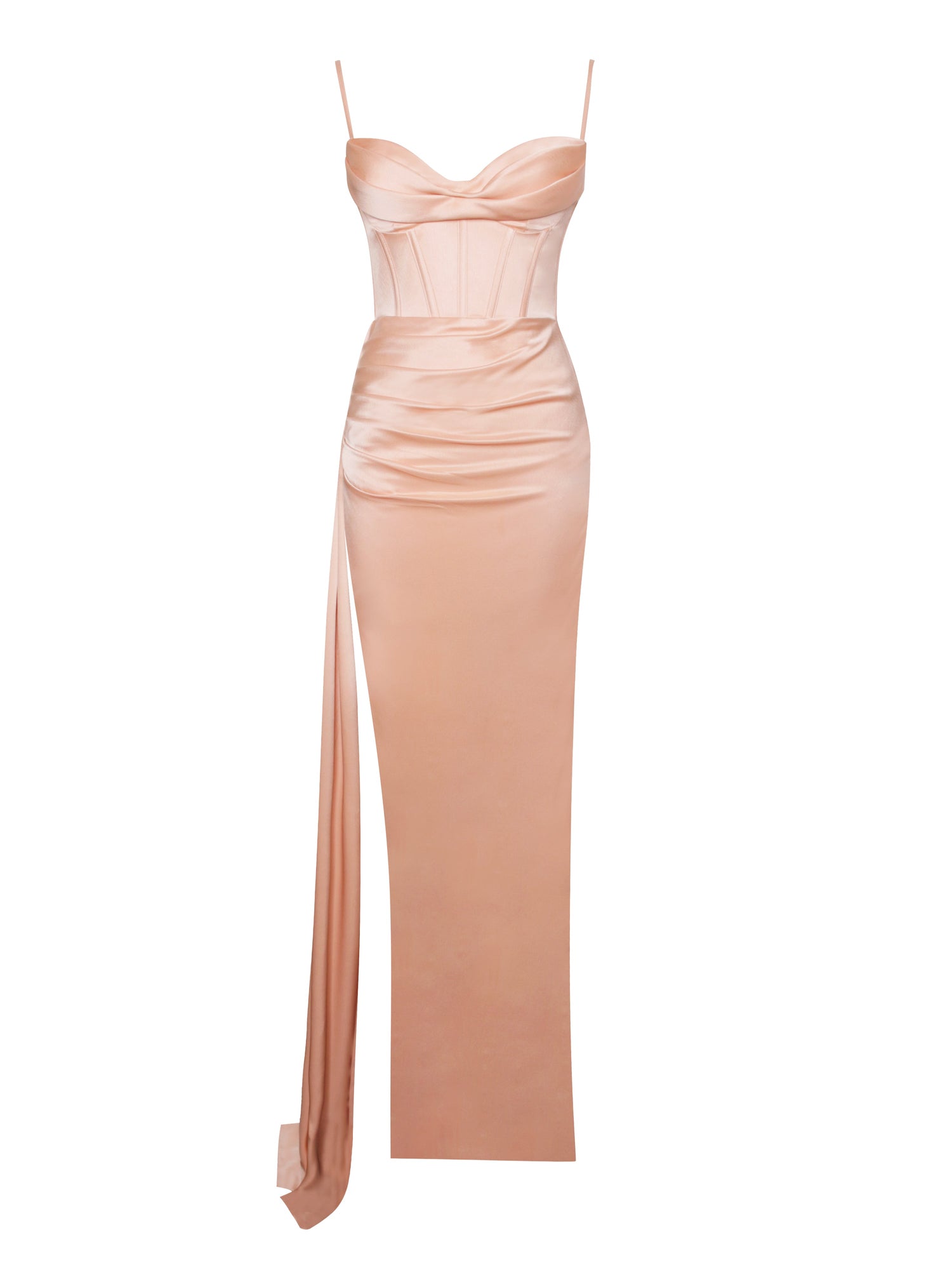 Elayna Strappy Satin Corset High Slit Gown | Blush