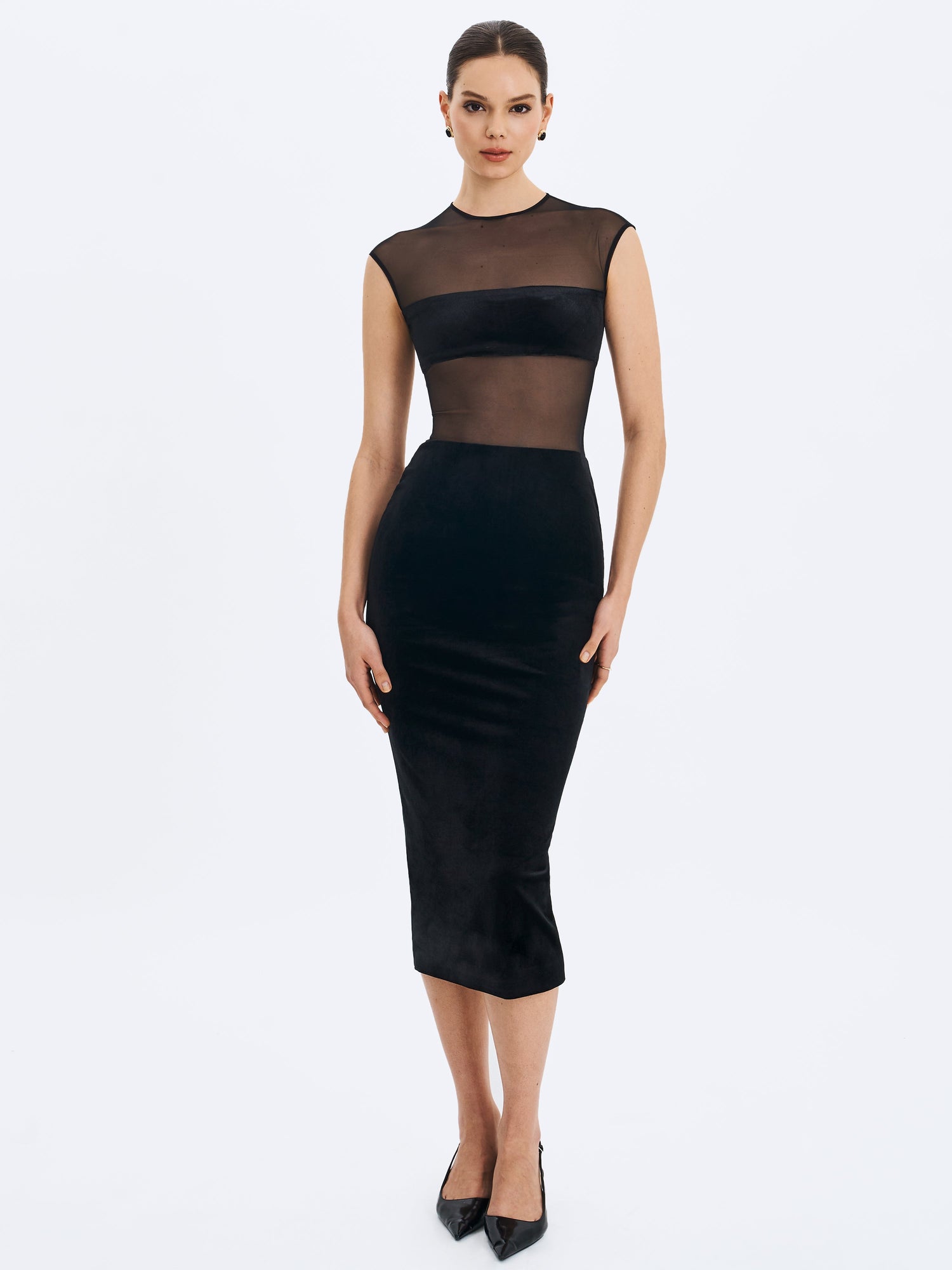 Miss Circle | Quielle Mesh and Velvet Midi Bodycon Dress