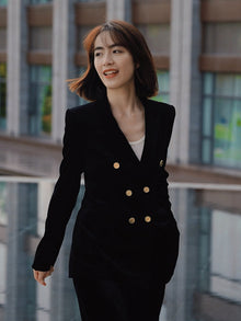 Hip Length Velvet Silk Blazer | Black