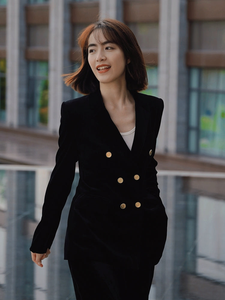 Hip Length Velvet Silk Blazer | Black