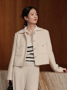 Trimmed Double Woolen Jacket | White