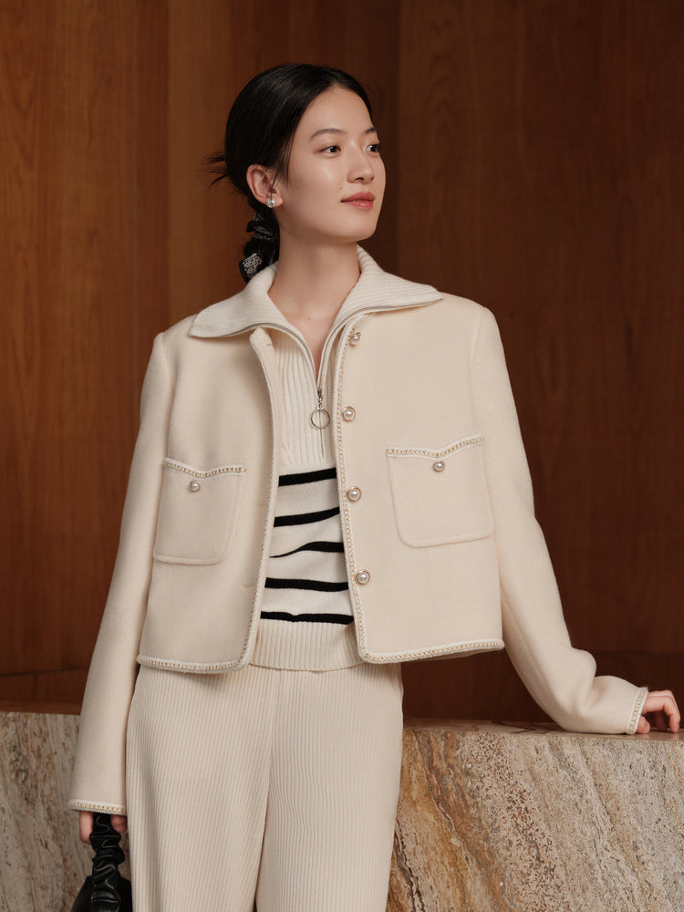 Trimmed Double Woolen Jacket | White