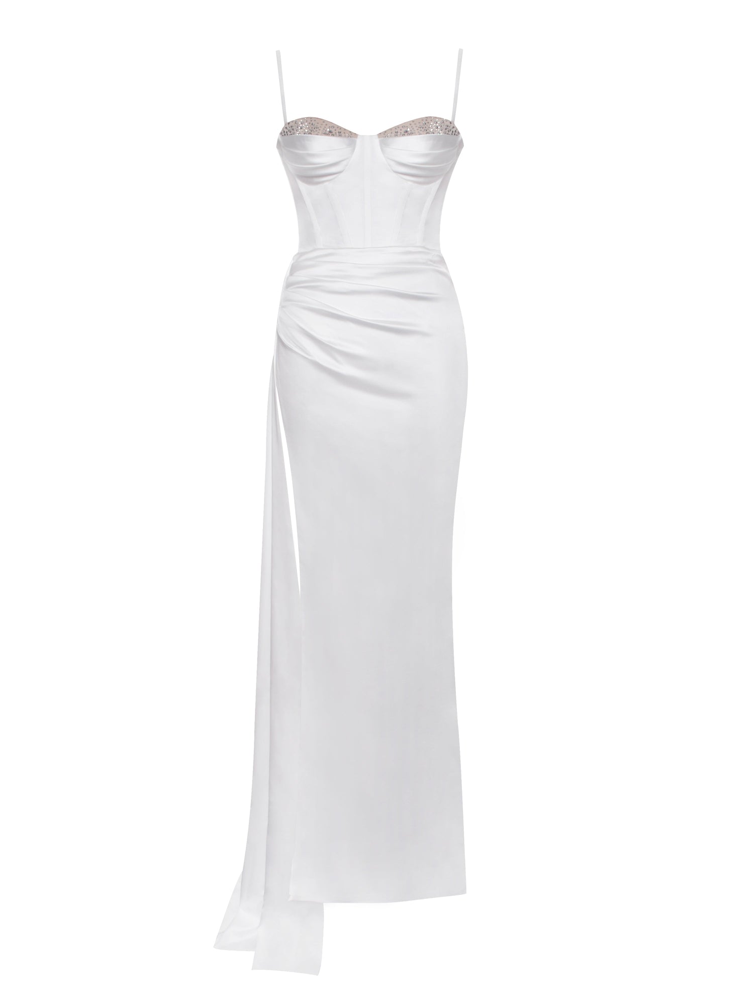 Vanity Satin High Slit Draping Corset Gown With Crystals | White