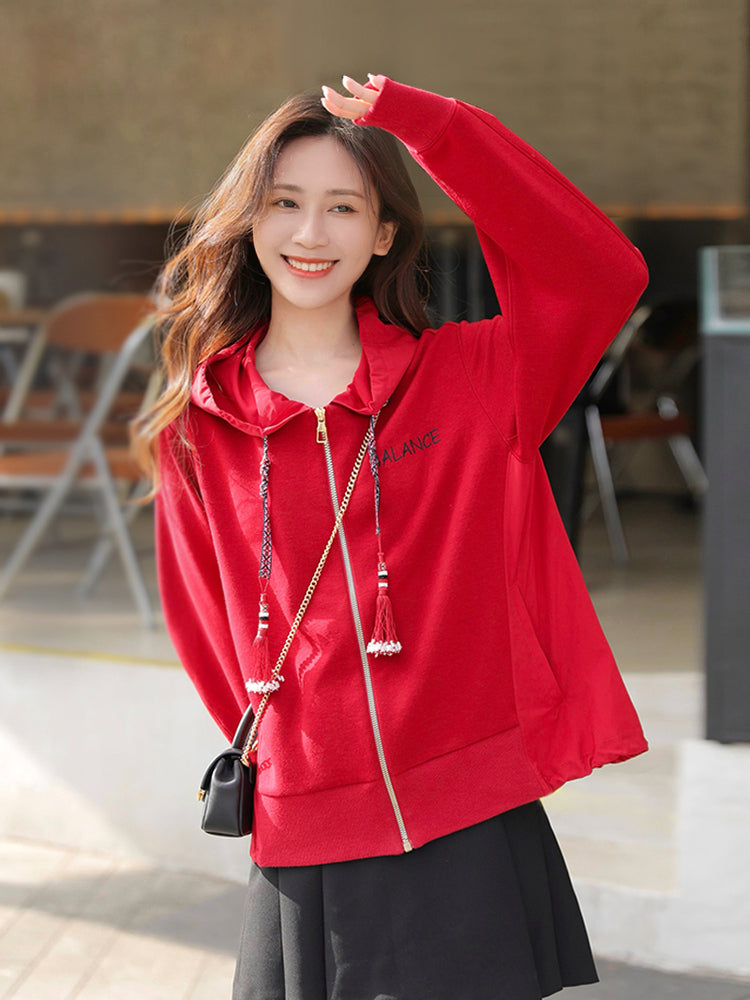 Hooded Cardigan With Embroideried Drawstring | Red