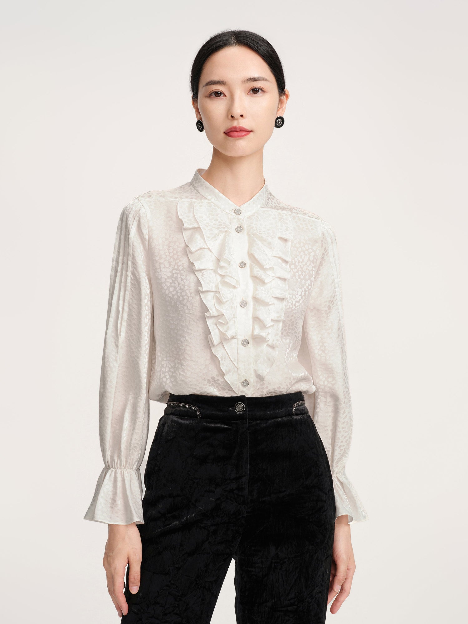 Ruffle-Collar Silk Blouse | White