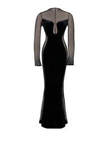 Paislee Velvet Mesh Long Sleeve Gown | Black