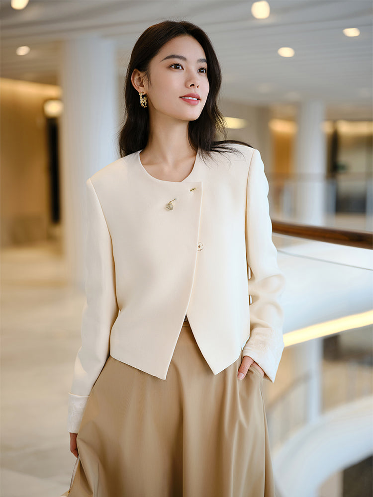 Silk Wool Cropped Jacket | Beige