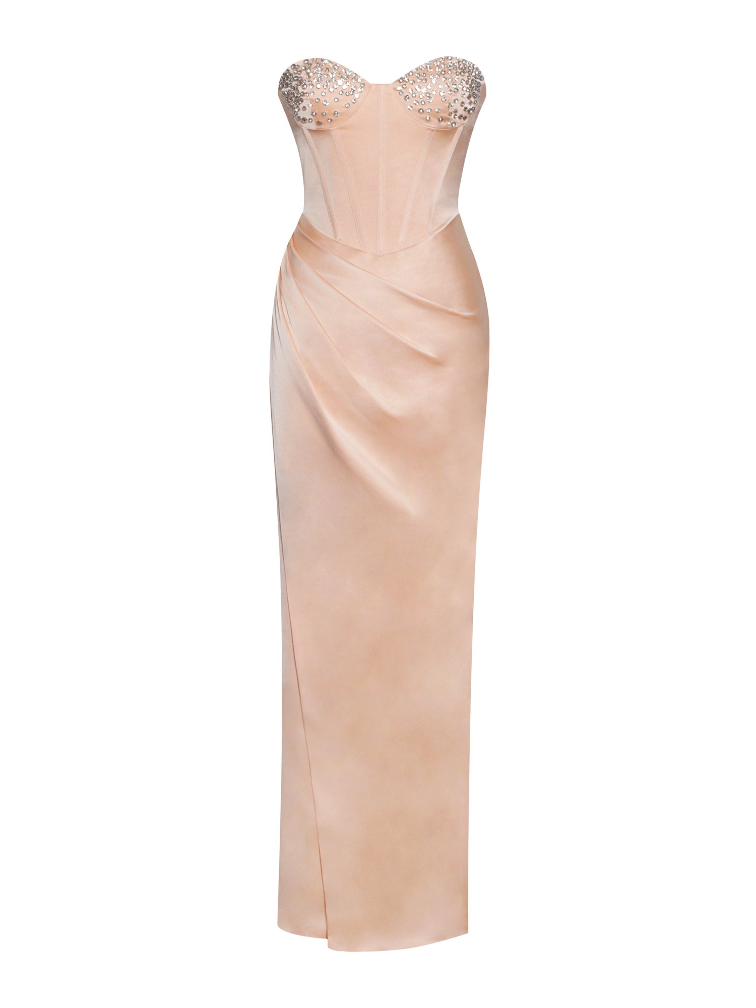 Amelia Satin Corset Slit Gown With Crystal Embellished | Blush