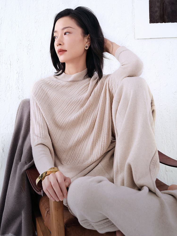Cashmere Batwing Sleeves Twilled Sweater | Beige