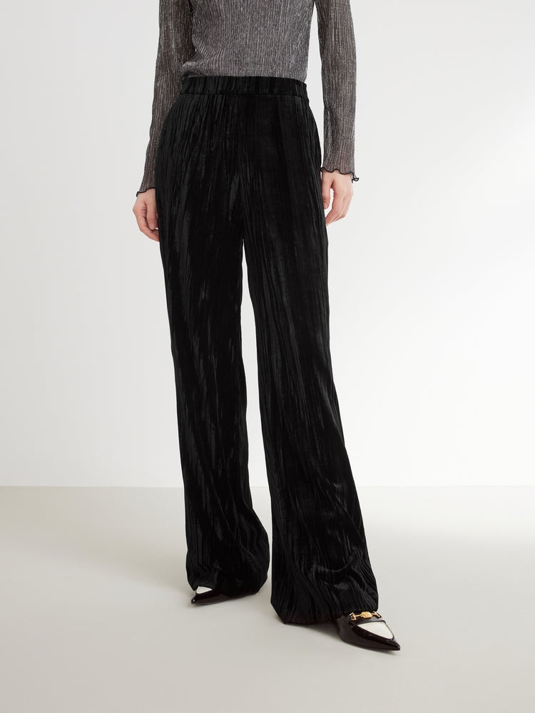 Velvet Pleated Wide Leg Pants | Black