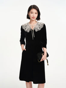 Lace Collar Velvet Knee Length Dress | Black