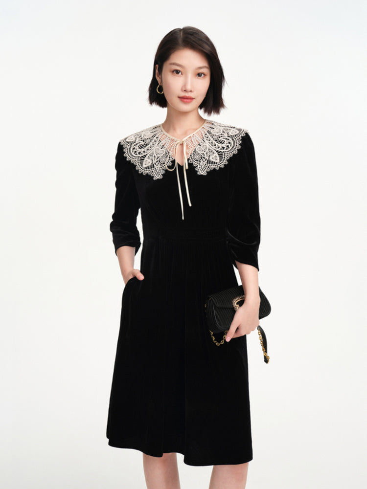 Lace Collar Velvet Knee Length Dress | Black
