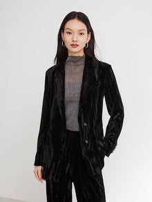 Velvet Pleated Blazer | Black