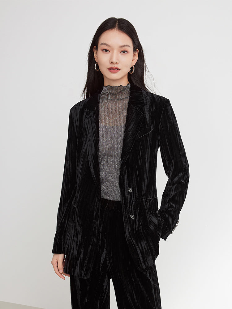 Velvet Pleated Blazer | Black