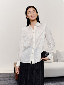 Small-Collar Straight-Cut Satin Shirt | White