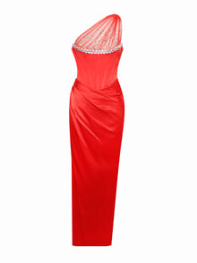 Scarlet Crystal Embellished Mesh Satin Corset Gown | Red Floral