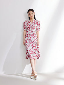 Silk Printed Waist-Cinched Dress | Red