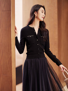 Mesh Pleated Dress With Fitted Tank | Black