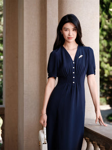 Silk V-Neck Dress | Navy