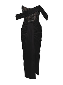 Stella Off Shoulder Crystal Corset Satin Gown | Black