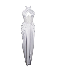 Noemie Crystal Corset Satin Gown | Silver