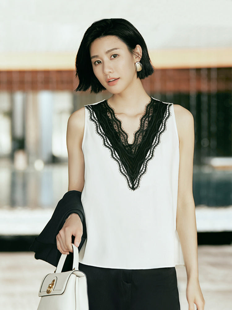 V-neck mulberry silk top | White