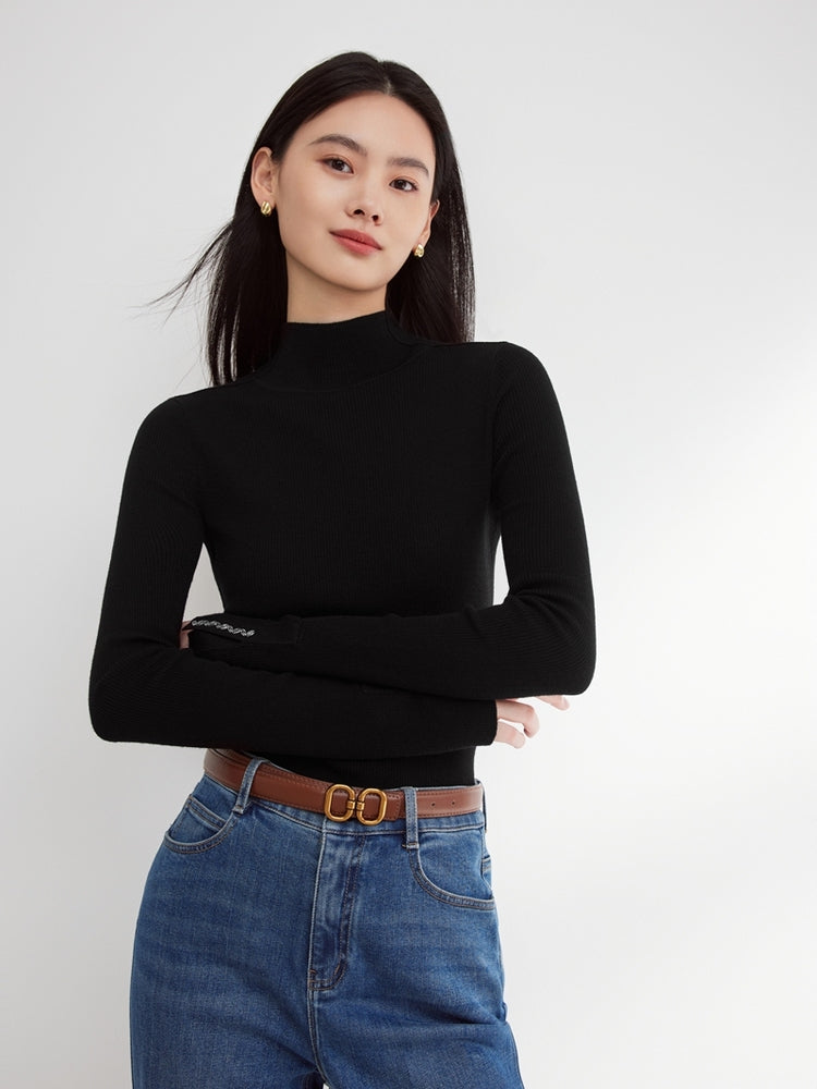 Pure Wool Solid Color Knit Sweater | Black