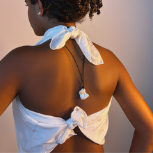 Keishi Pearl with Nylon Cord, styled on a neck