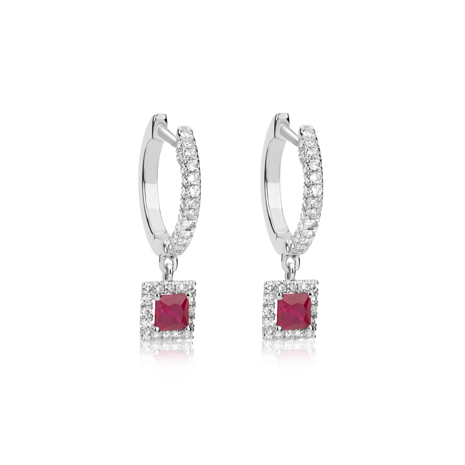 White Gold Dainty Diamond And Ruby Huggies | White Gold