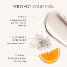 Product packaging with SPF 50, micronized zinc oxide, and vitamin C benefits displayed.