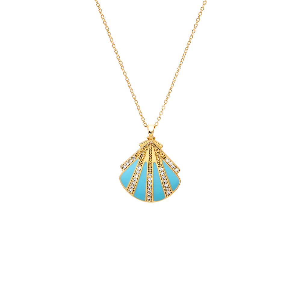 Turquoise Turquoise Enamel & CZ Seashell Pendant Necklace - Adina's Jewels