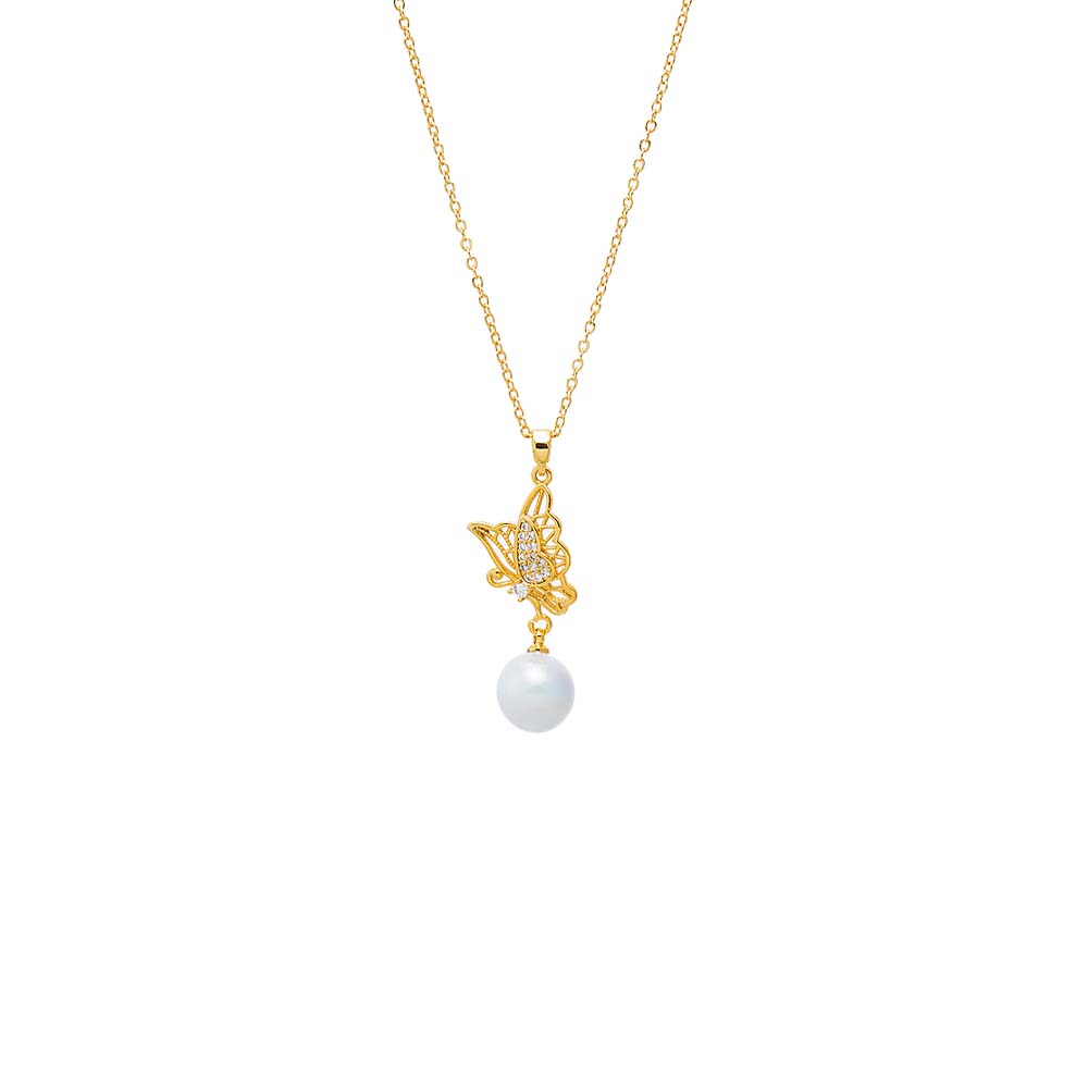 White CZ Butterfly & Drop Pearl Pendant Necklace - Adina's Jewels
