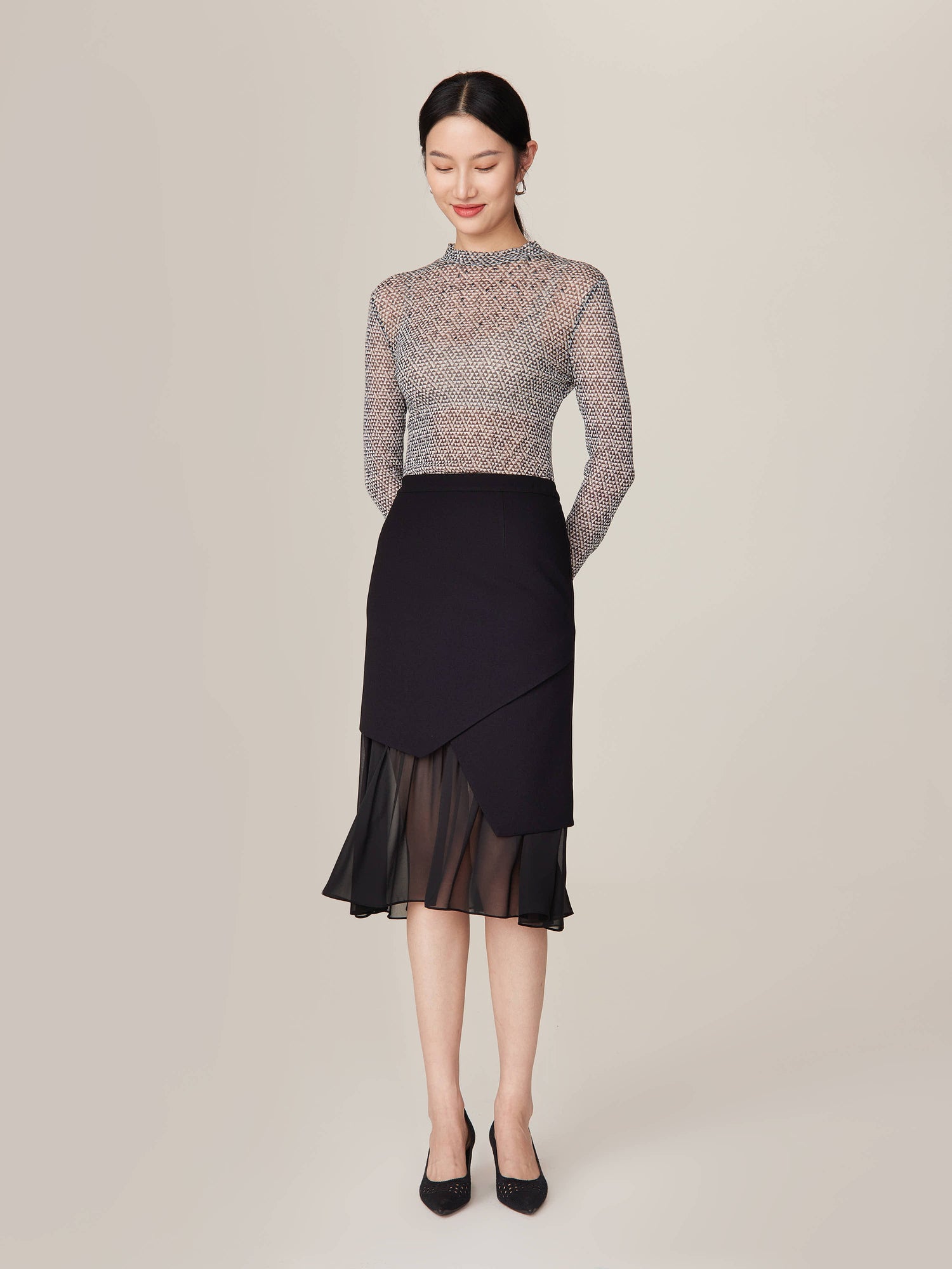 Sheer Layered Hem Midi Skirt | Black