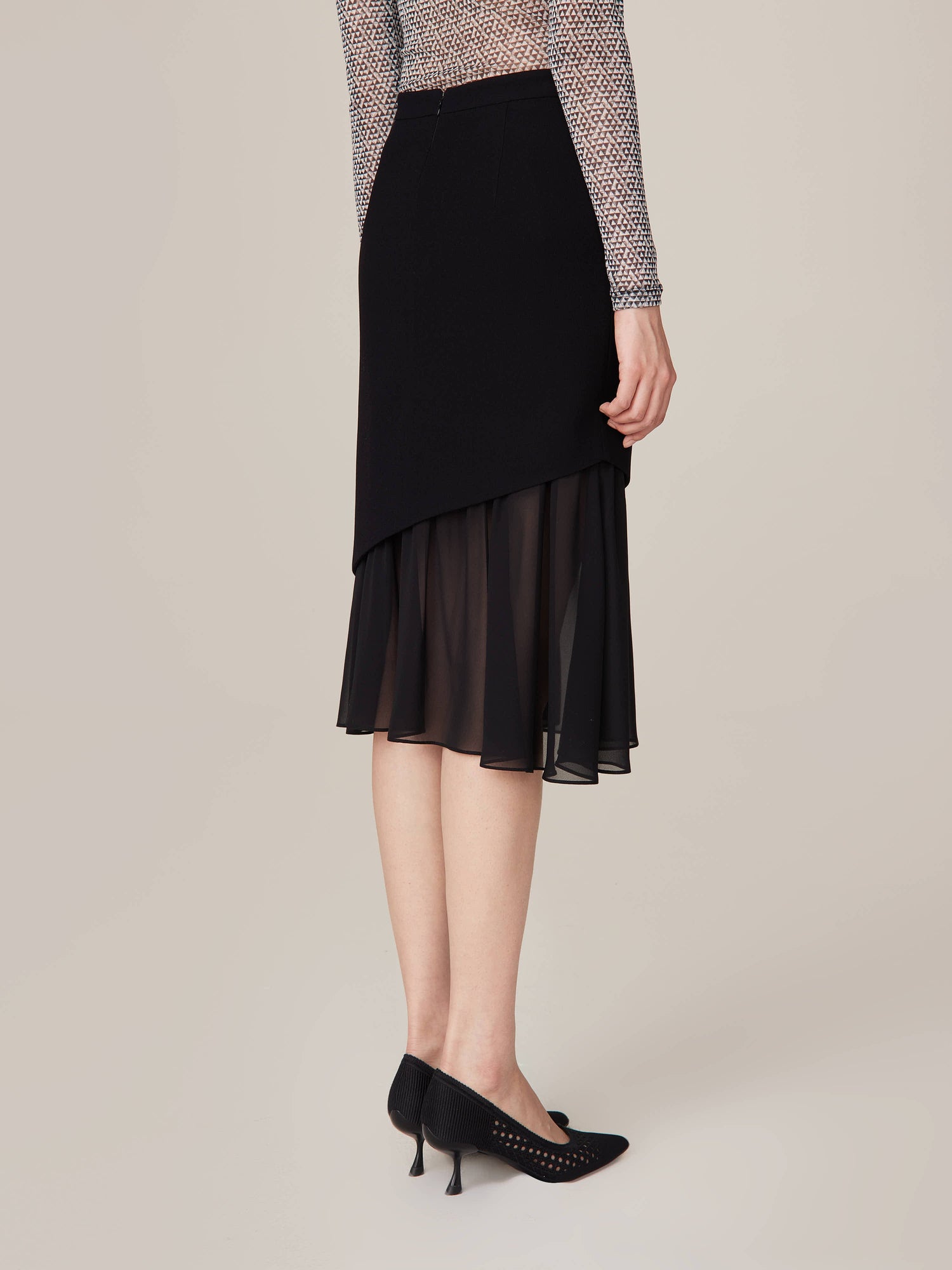 Sheer Layered Hem Midi Skirt | Black