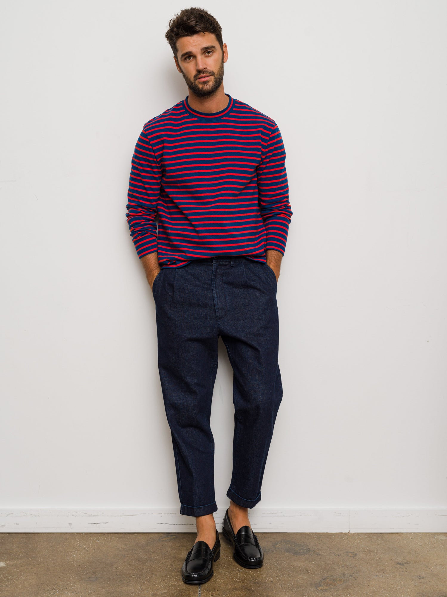 Men | Long Sleeve Striped Tee | French Blue x Berry Red