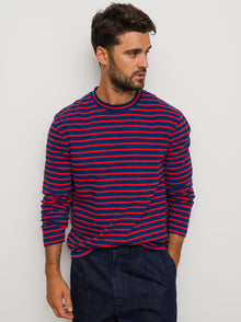 Men | Long Sleeve Striped Tee | French Blue x Berry Red
