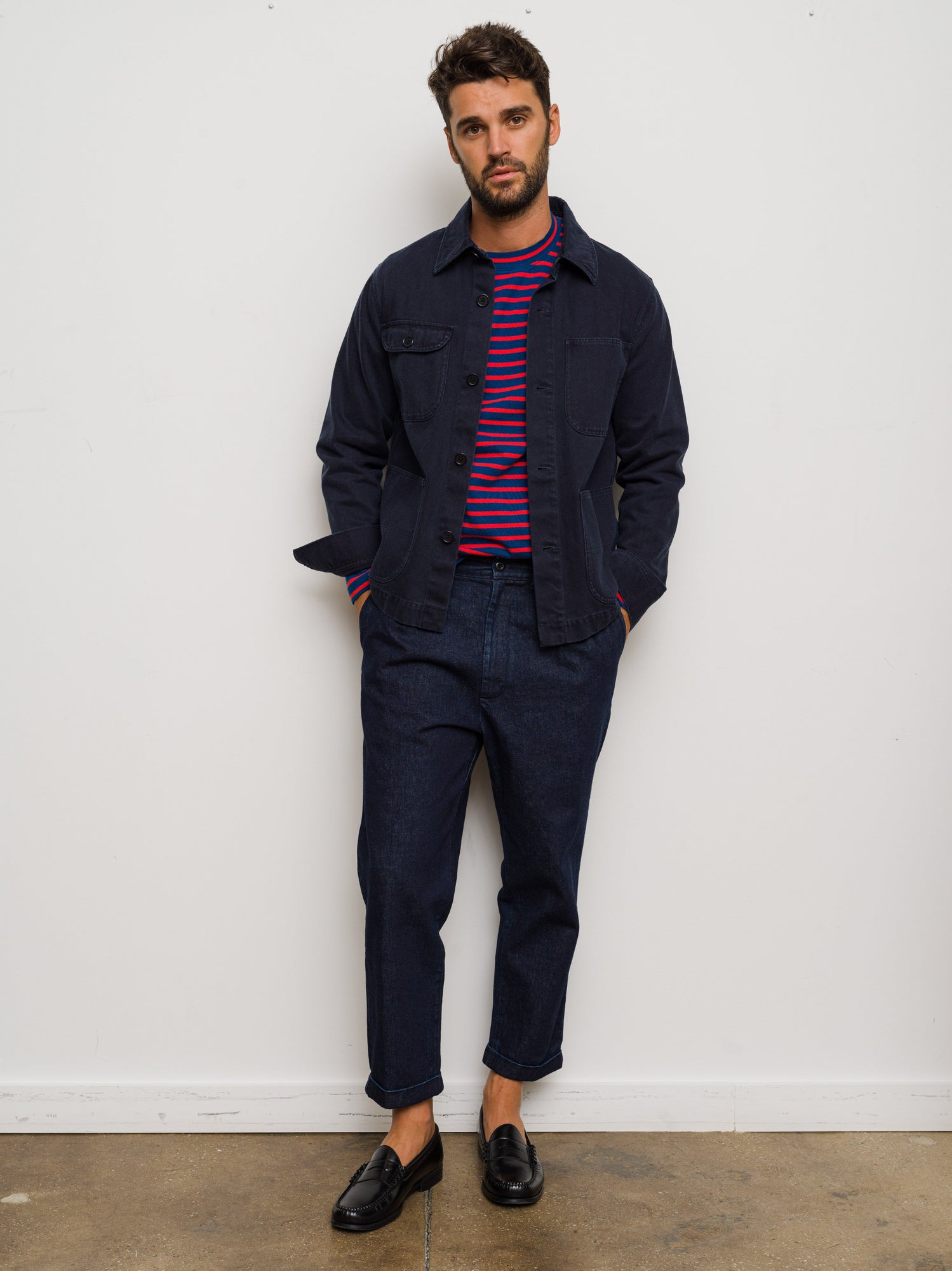 Men | Long Sleeve Striped Tee | French Blue x Berry Red