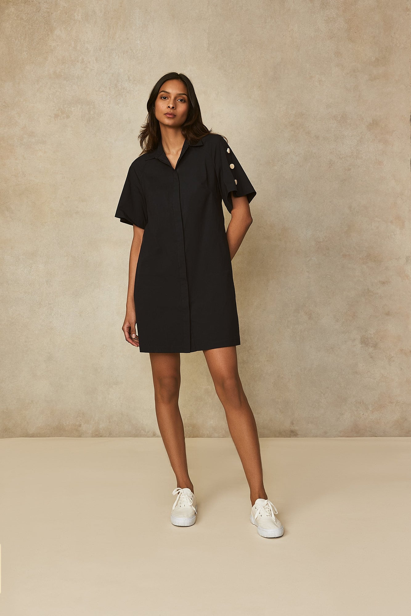 Cotton Poplin Button Detail Tunic Dress | Navy