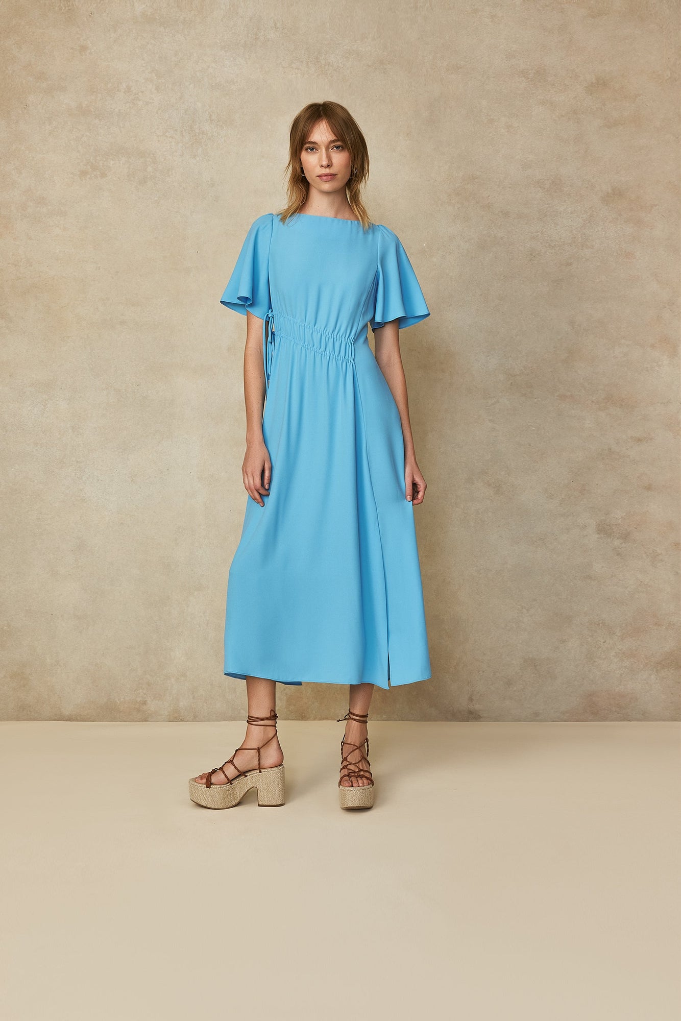 Fluid Crepe Shirred Midi Dress | Cerulean