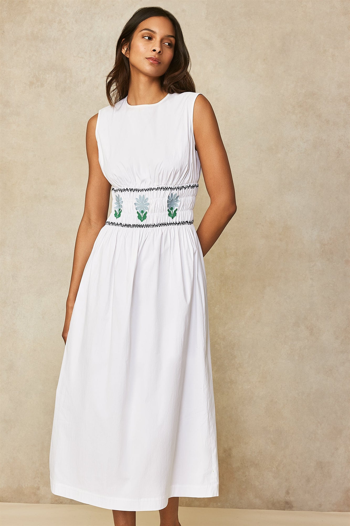 Cotton Poplin Embroidered Midi Dress | White