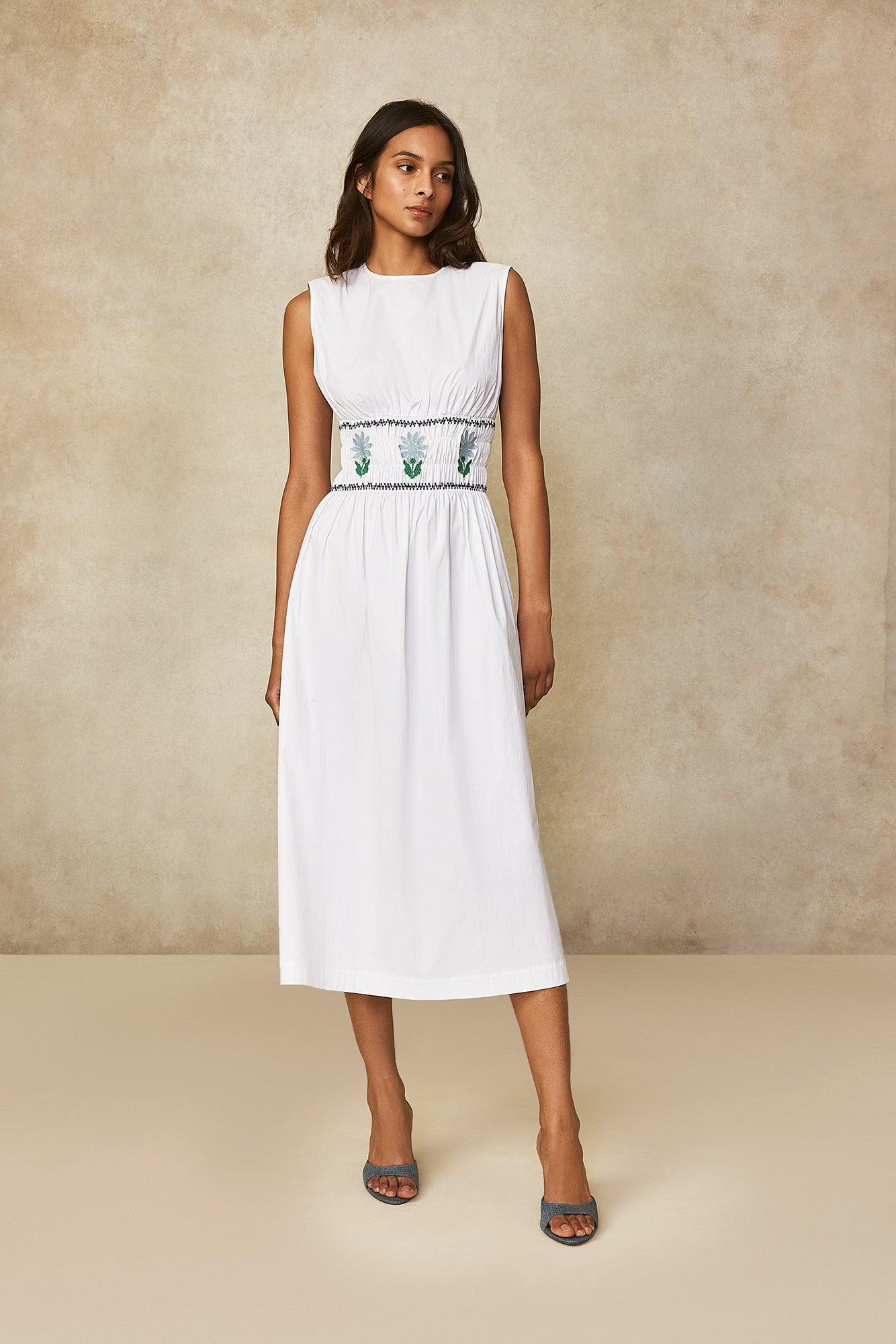 Cotton Poplin Embroidered Midi Dress | White