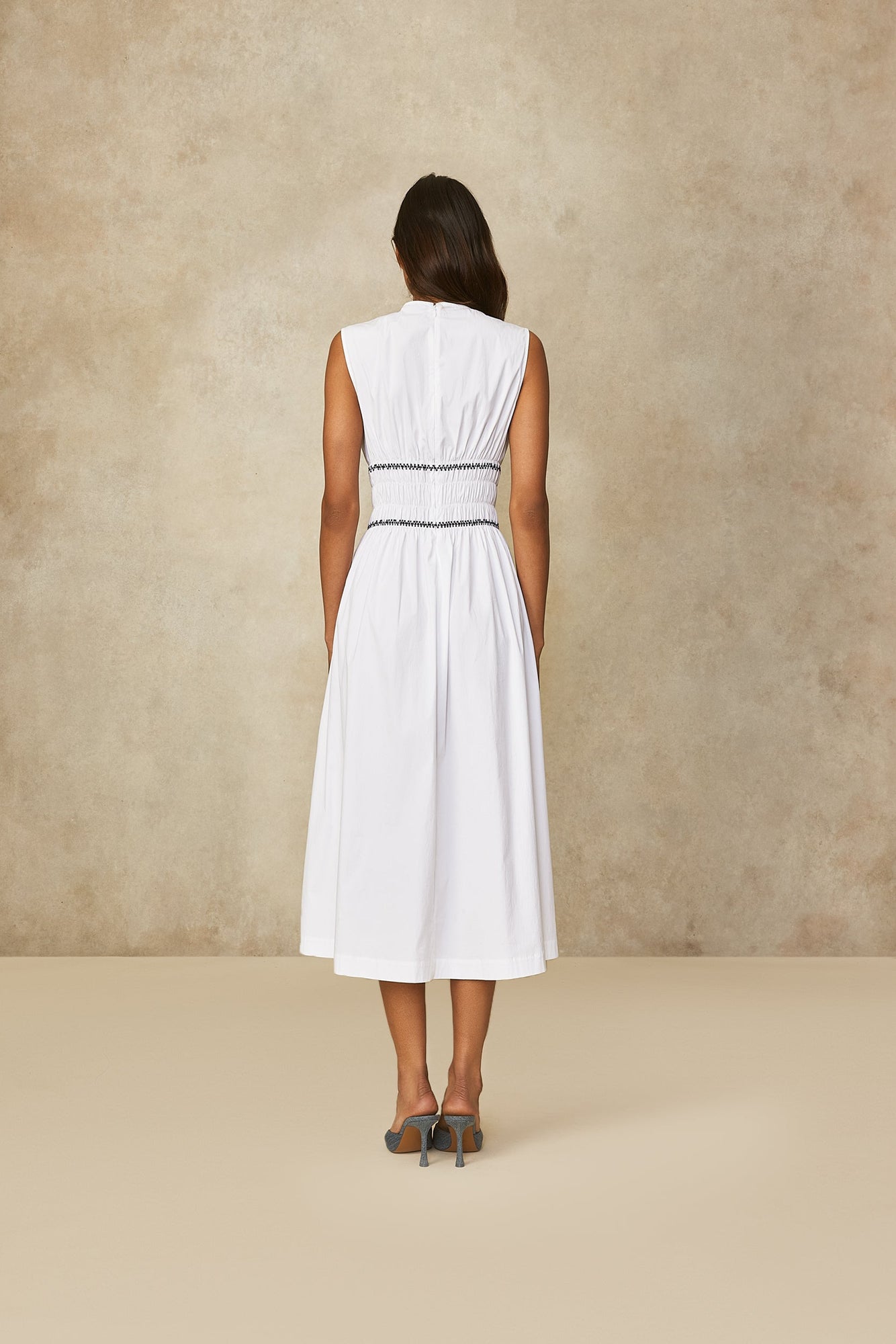 Cotton Poplin Embroidered Midi Dress | White