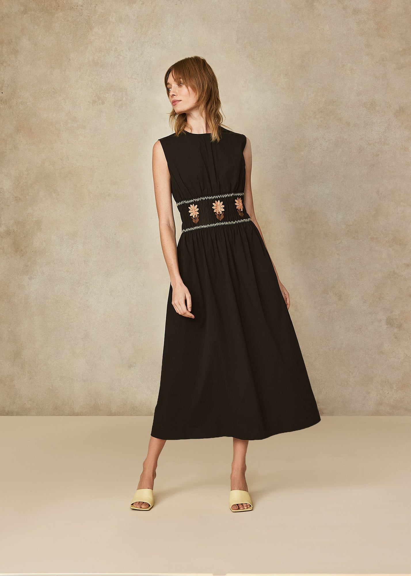 Cotton Poplin Embroidered Midi Dress | Black