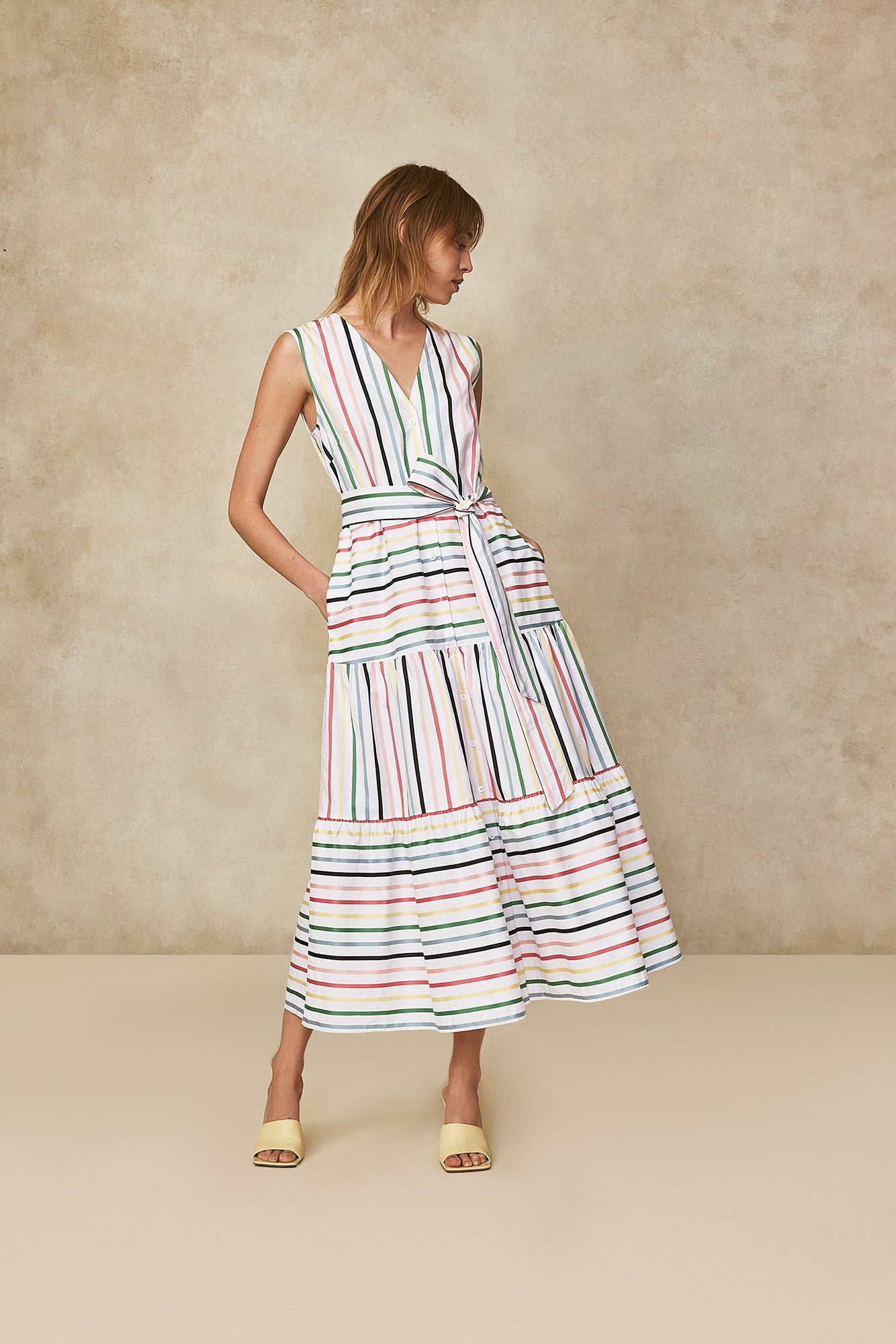 Striped Cotton Tiered Dress | White Multi